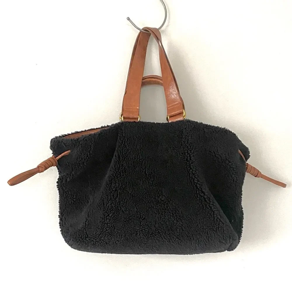 By Anthropologie Belted Sherpa Tote Bag brown Faux leather handles Urban Boho